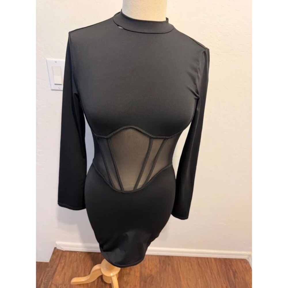 Black Corset Mesh Panel Long Sleeve Open Back Mini Bodycon Dress – Small